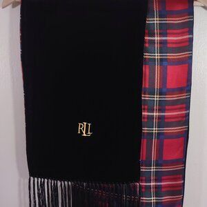 Vintage Ralph Lauren Black Velvet & Red Tartan Plaid Scarf w/ Fringe Women's OS